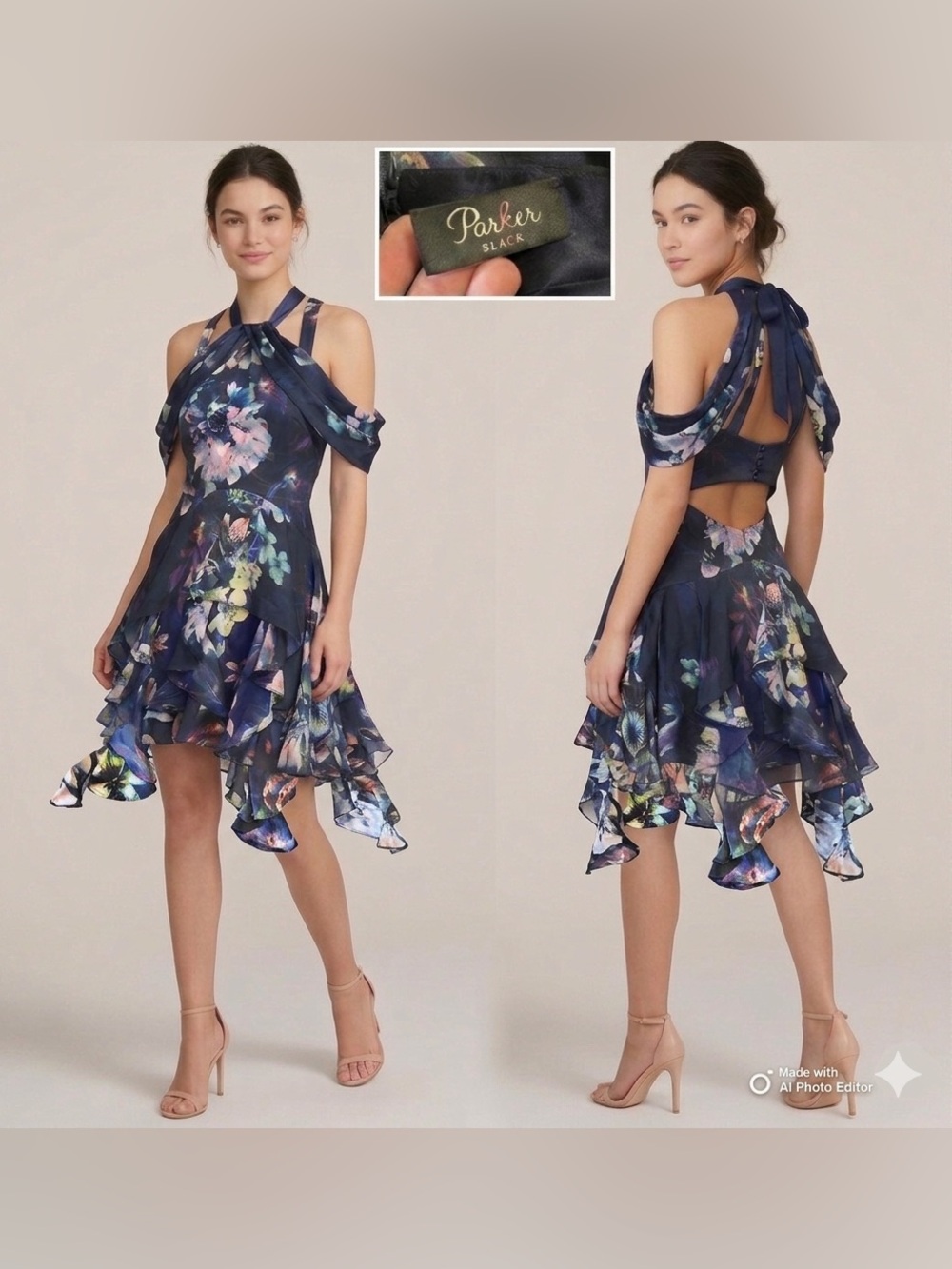 Parker Black Silk Floral Watercolor Ruffle Cocktail Dress Small NWOT A-Line